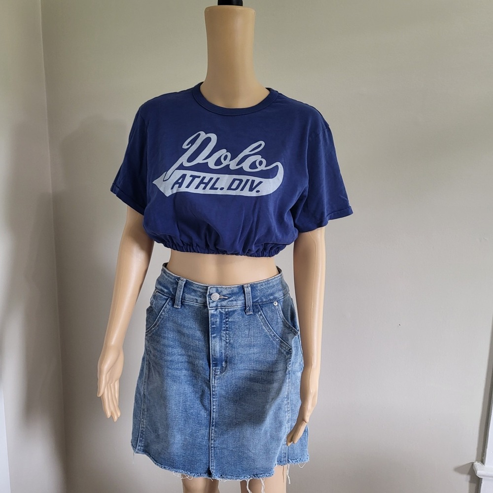 Upcycled Cropped Ralph Lauren Polo Graphic T-Shirt Size M OOAK Elastic Waist - Picture 1 of 9